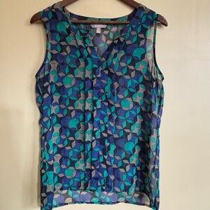 Banana Republic| Blue and Green Geometric Print Sheer Sleeveless Blouse Sz M